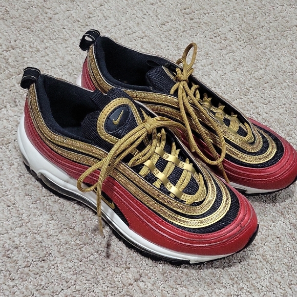 Nike Air Max 97 Black, Red, and Gold Sneakers - Picture 1 of 8